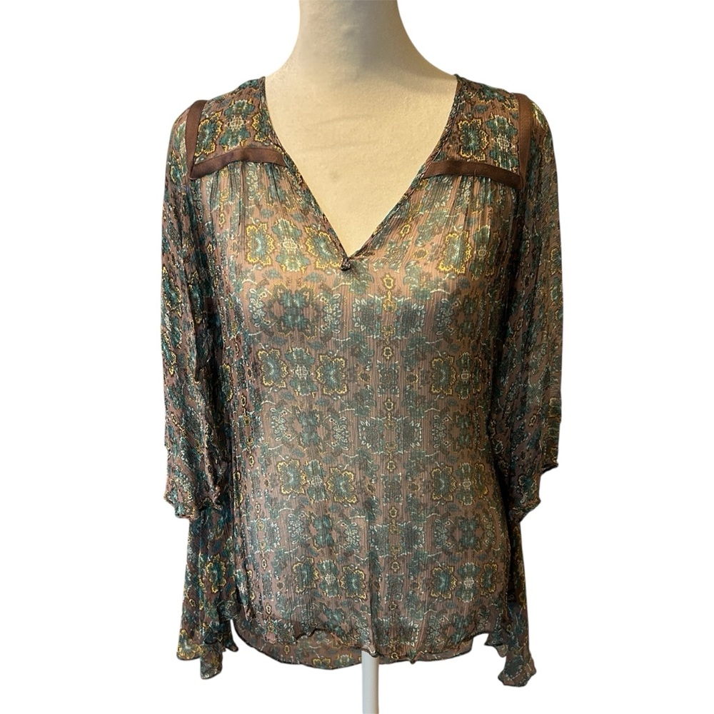 Ella Moss Boho Blouse, Gauzy Green & Brown Bohemian Silk Batwing Top, Medium